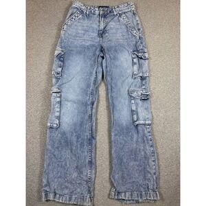 Aeropostale Cargo Jeans Women's 6 Blue Acid Wash  Wide Leg Whiskered Y2K Style